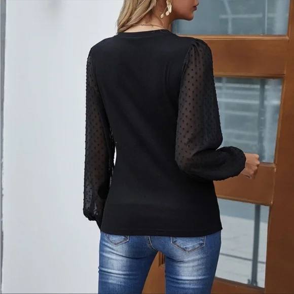 Boho Black Swiss Dot Balloon Sleeve Top S M L XL - Picture 3 of 4